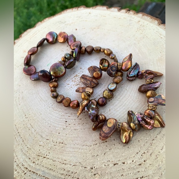 Natural Brown & Copper Cultured Baroque High Luster Freshwater Pearl Bracelets - Picture 14 of 15